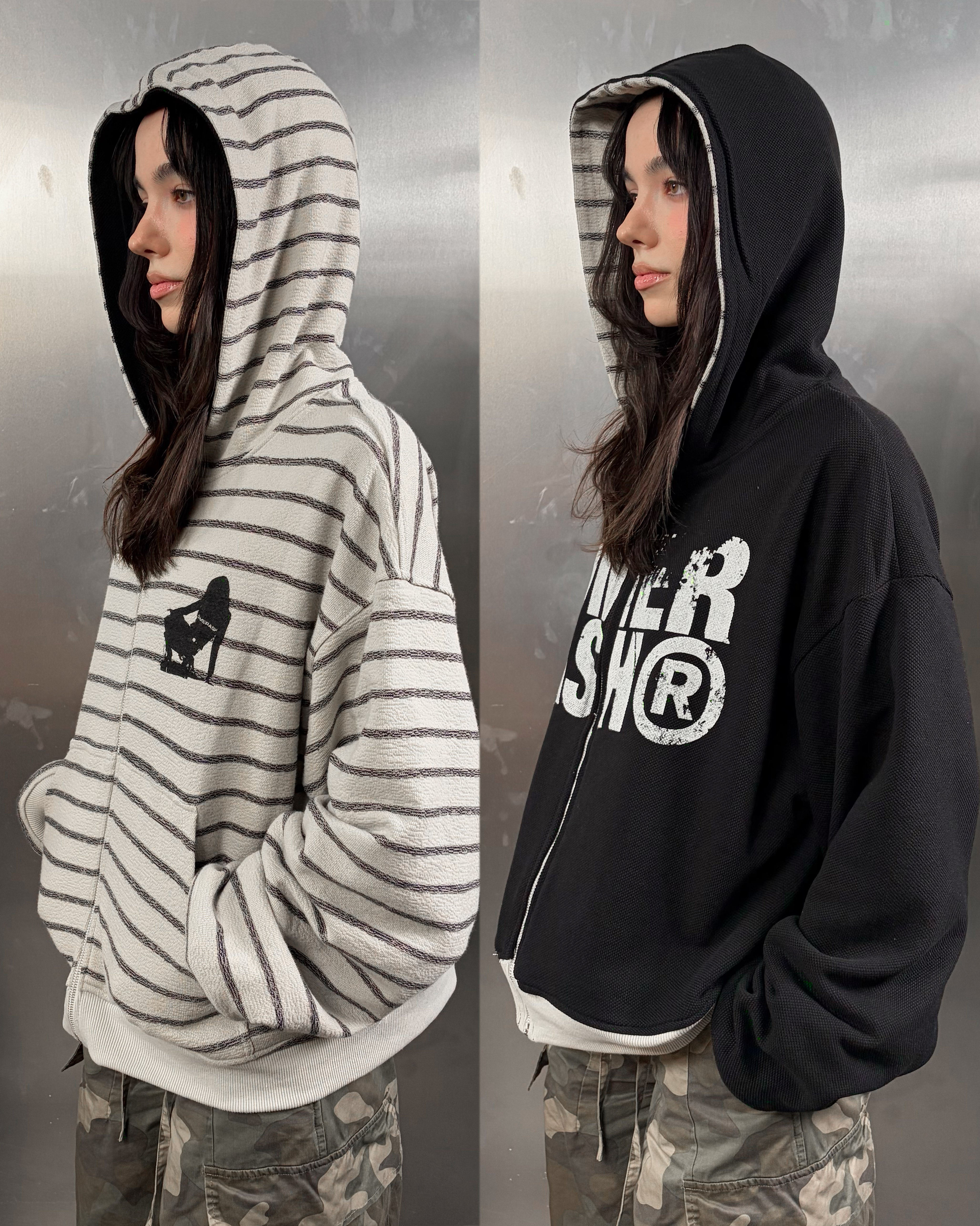 'Lena' Reversible striped hoodie | Cream