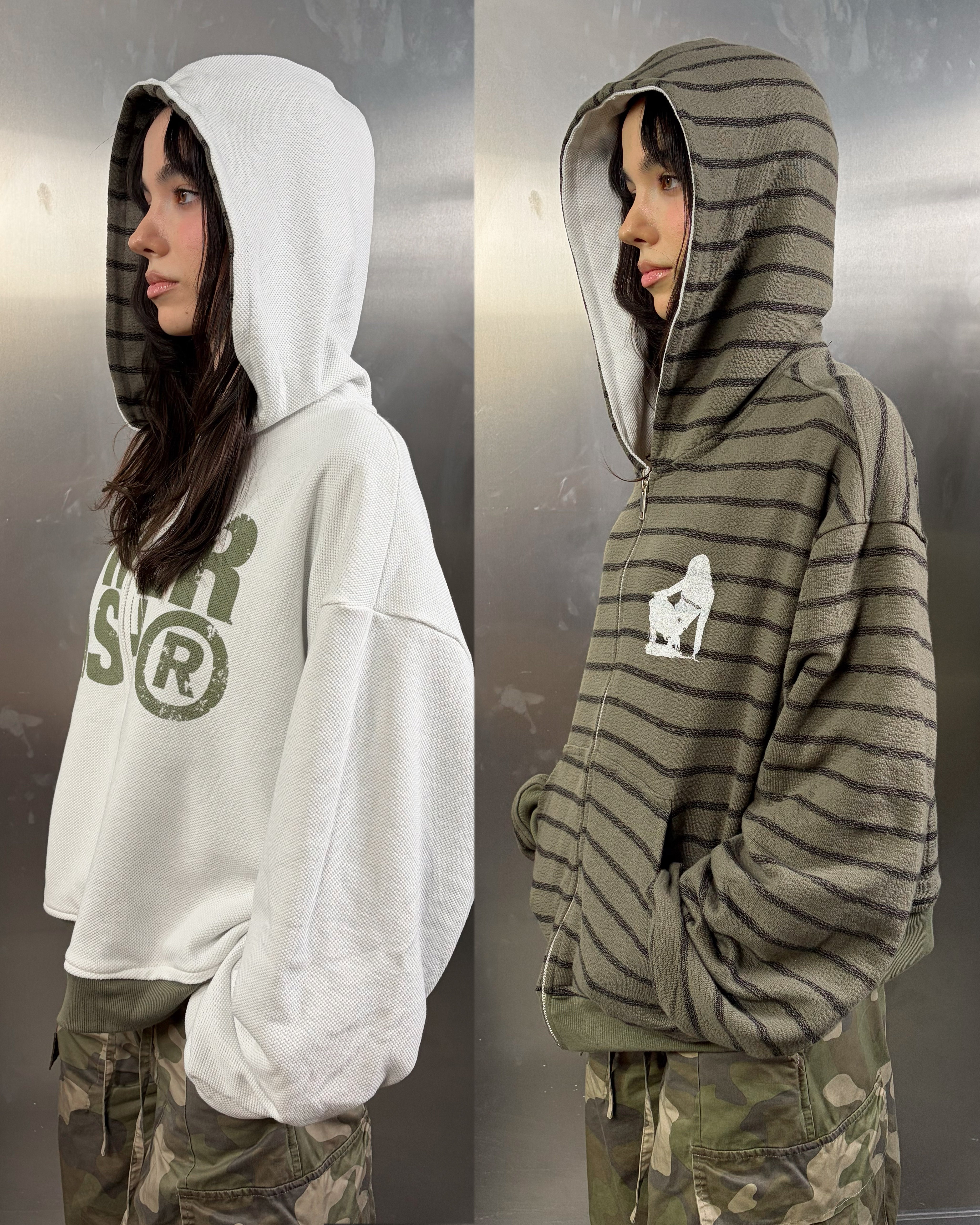 'Lena' Reversible striped hoodie | Green